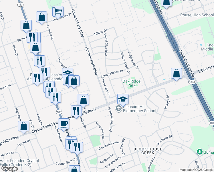 map of restaurants, bars, coffee shops, grocery stores, and more near 1414 River Oak Drive in Leander