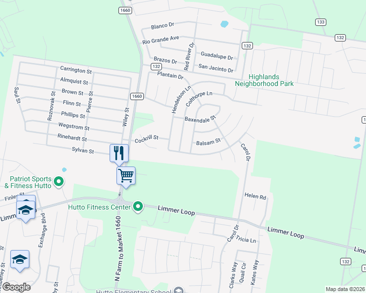 map of restaurants, bars, coffee shops, grocery stores, and more near 106 Colthorpe Lane in Hutto