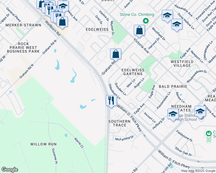 map of restaurants, bars, coffee shops, grocery stores, and more near 3760 Oldenburg Lane in College Station