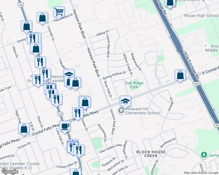 map of restaurants, bars, coffee shops, grocery stores, and more near 1414 River Oak Drive in Leander