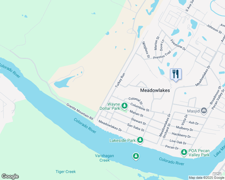 map of restaurants, bars, coffee shops, grocery stores, and more near 184 Turkey Run in Meadowlakes