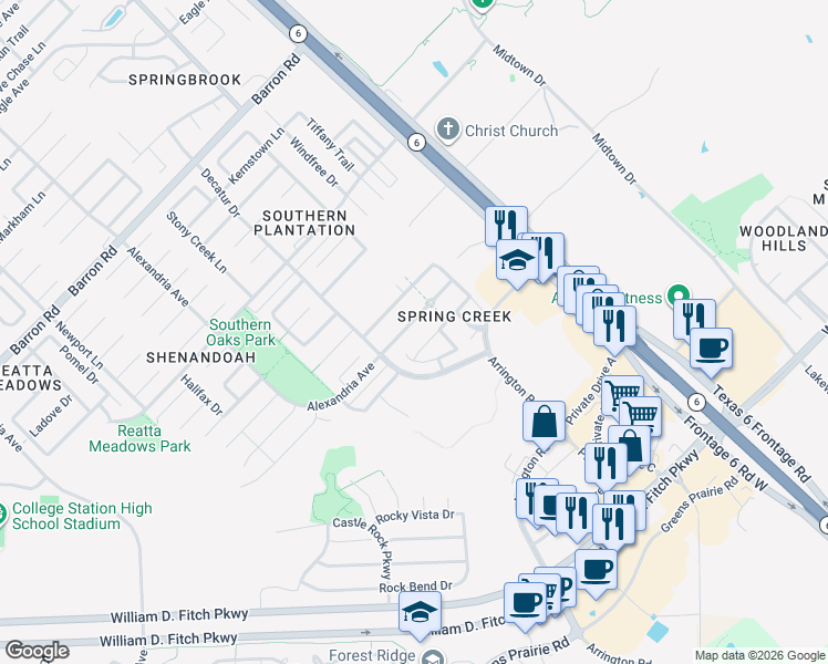 map of restaurants, bars, coffee shops, grocery stores, and more near 4316 Spring Garden Dr in College Station