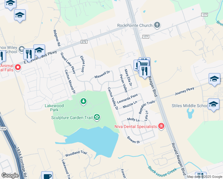 map of restaurants, bars, coffee shops, grocery stores, and more near 2020 Cactus Valley Drive in Leander