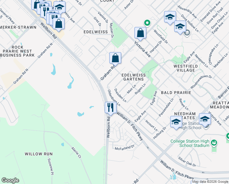 map of restaurants, bars, coffee shops, grocery stores, and more near 3806 Dresden Lane in College Station