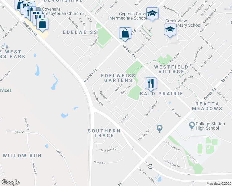 map of restaurants, bars, coffee shops, grocery stores, and more near 114 Meir Lane in College Station
