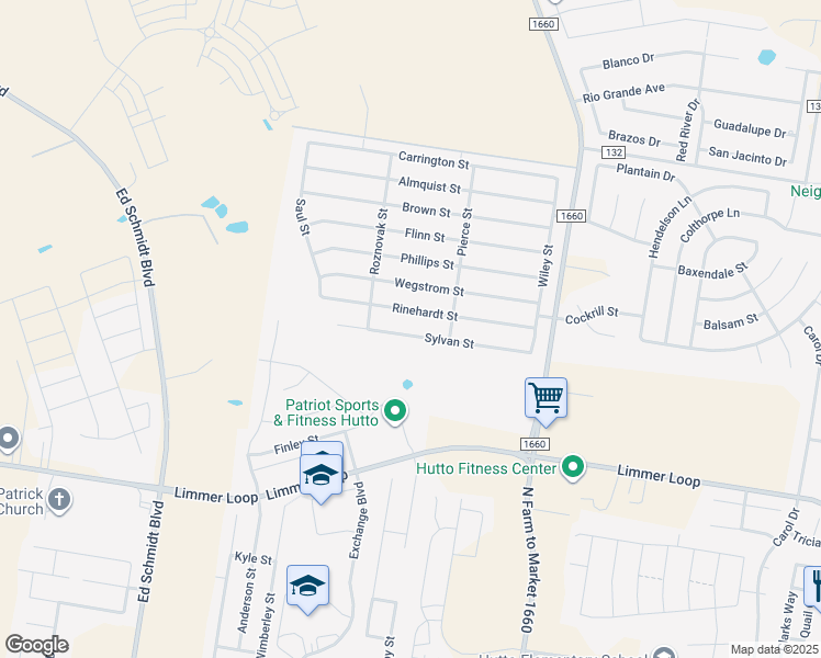 map of restaurants, bars, coffee shops, grocery stores, and more near 216 Sylvan Street in Hutto