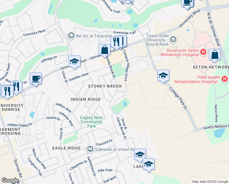map of restaurants, bars, coffee shops, grocery stores, and more near 3814 Sandy Brook Drive in Round Rock
