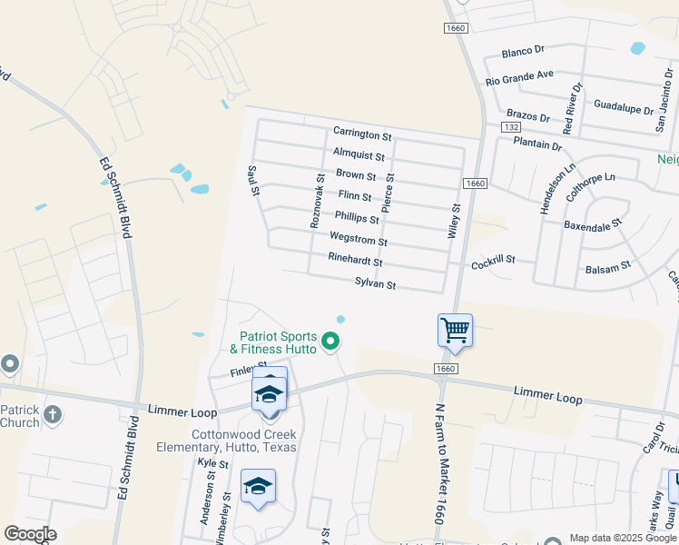 map of restaurants, bars, coffee shops, grocery stores, and more near 216 Sylvan Street in Hutto
