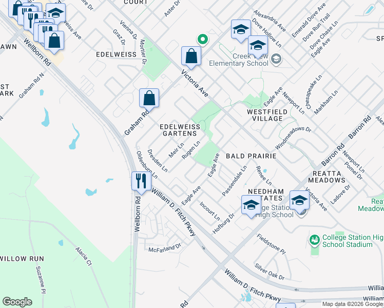 map of restaurants, bars, coffee shops, grocery stores, and more near 200 Rugen Lane in College Station