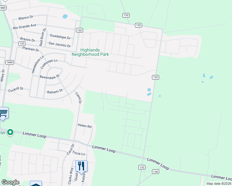 map of restaurants, bars, coffee shops, grocery stores, and more near 2120 County Road 132 in Hutto