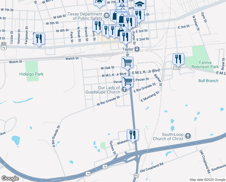 map of restaurants, bars, coffee shops, grocery stores, and more near 309 Dickey Street in Taylor