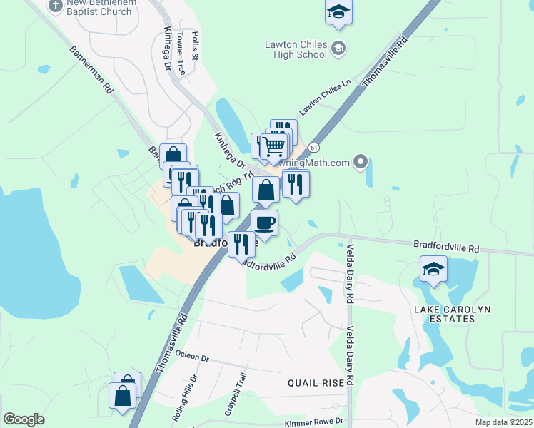 map of restaurants, bars, coffee shops, grocery stores, and more near 6721 Thomasville Road in Tallahassee