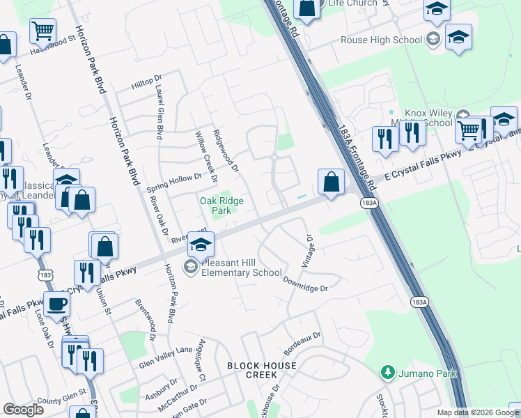 map of restaurants, bars, coffee shops, grocery stores, and more near 1600 Ridgewood Dr in Leander
