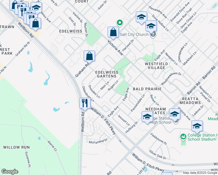 map of restaurants, bars, coffee shops, grocery stores, and more near 121 Rugen Lane in College Station