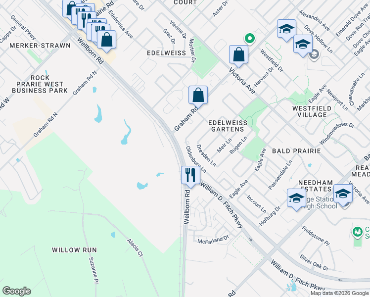 map of restaurants, bars, coffee shops, grocery stores, and more near 3756 Oldenburg Lane in College Station