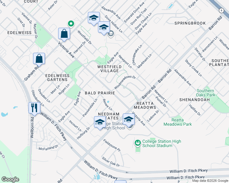 map of restaurants, bars, coffee shops, grocery stores, and more near 3900 Tranquil Path Drive in College Station