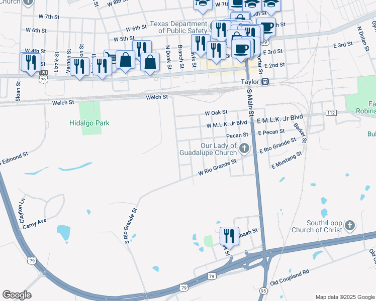 map of restaurants, bars, coffee shops, grocery stores, and more near 510 Maple Street in Taylor