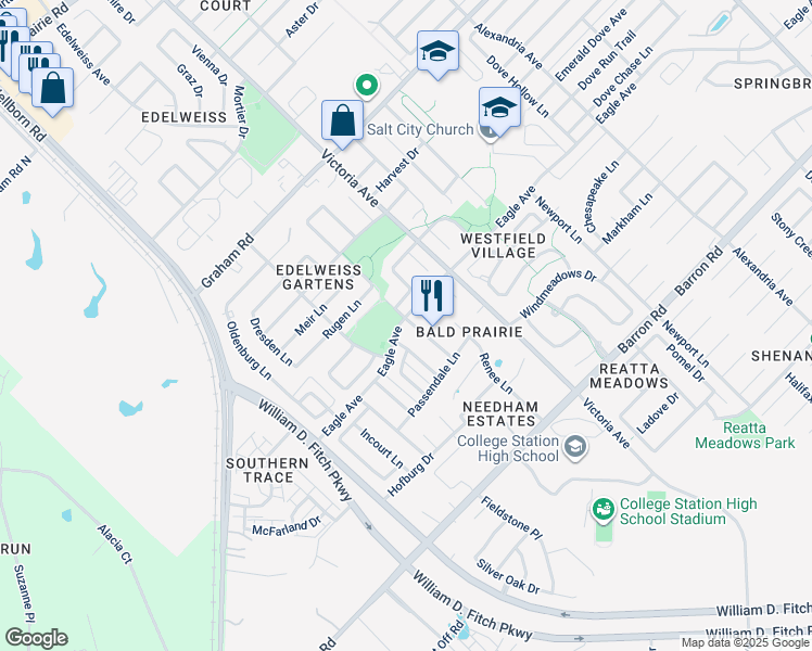 map of restaurants, bars, coffee shops, grocery stores, and more near 3900 Latinne Lane in College Station