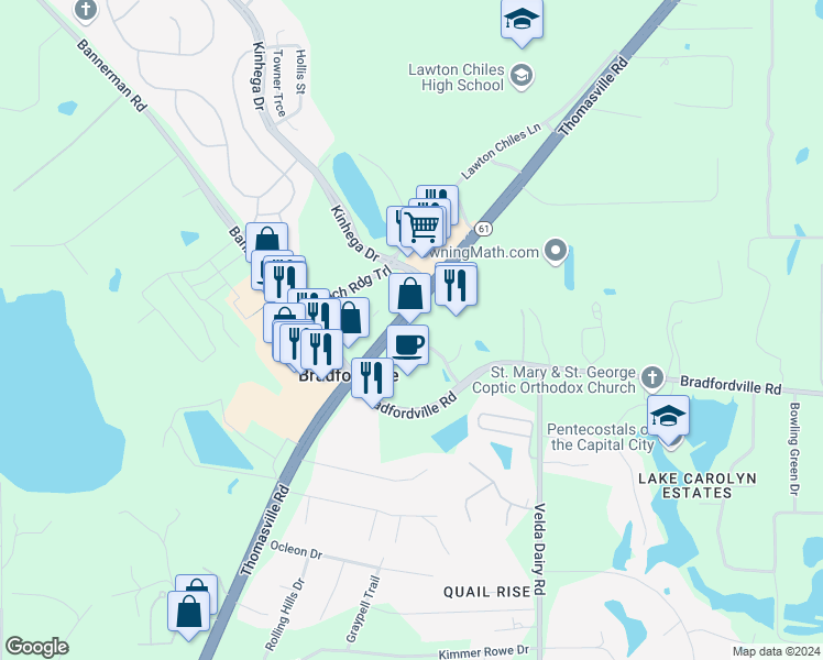 map of restaurants, bars, coffee shops, grocery stores, and more near 6721 Thomasville Road in Tallahassee