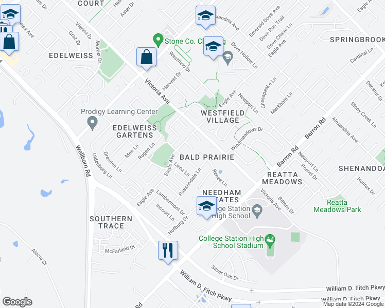 map of restaurants, bars, coffee shops, grocery stores, and more near 3910 Santour Court in College Station