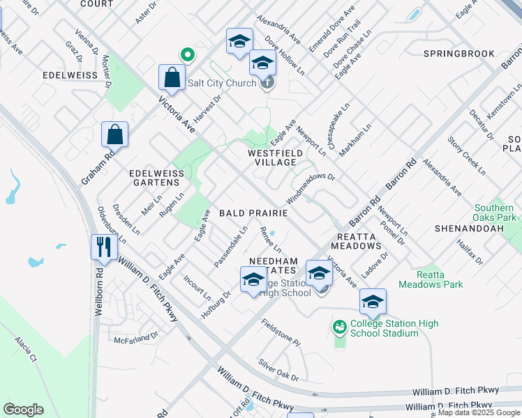 map of restaurants, bars, coffee shops, grocery stores, and more near 13909 Renee Ln in College Station