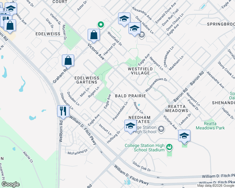 map of restaurants, bars, coffee shops, grocery stores, and more near 3910 Santour Court in College Station