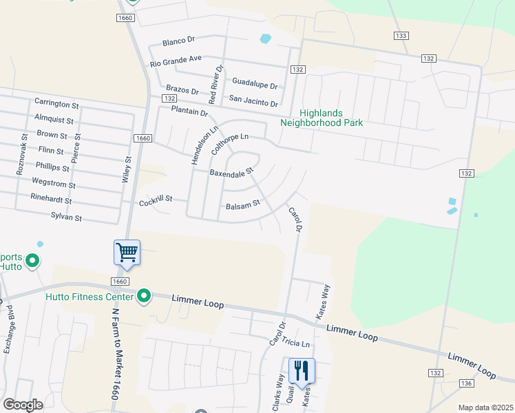 map of restaurants, bars, coffee shops, grocery stores, and more near 122 Balsam Street in Hutto