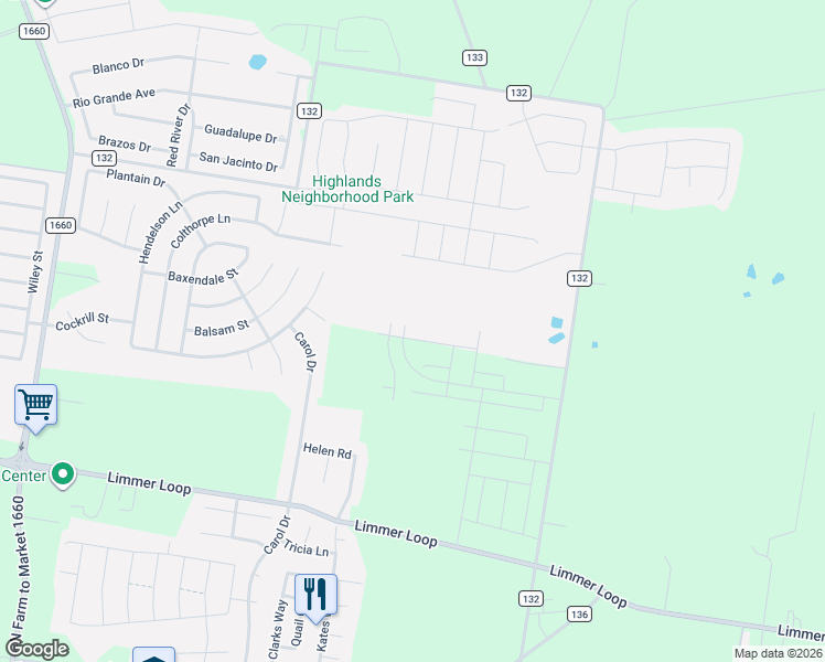map of restaurants, bars, coffee shops, grocery stores, and more near 2120 County Road 132 in Hutto