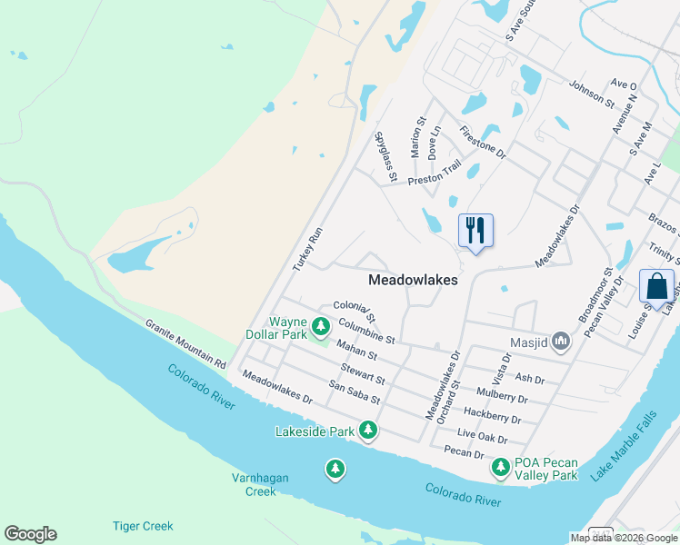 map of restaurants, bars, coffee shops, grocery stores, and more near 417 Olympia Fields Street in Meadowlakes