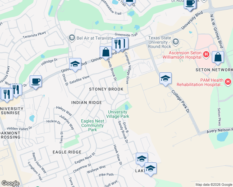 map of restaurants, bars, coffee shops, grocery stores, and more near 3814 Sandy Brook Drive in Round Rock