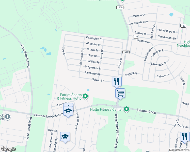 map of restaurants, bars, coffee shops, grocery stores, and more near 202 Sylvan Street in Hutto