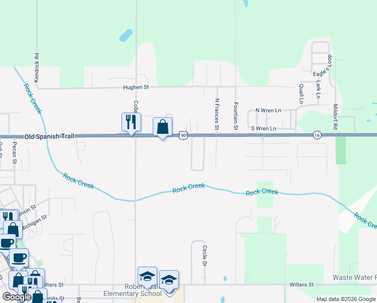 map of restaurants, bars, coffee shops, grocery stores, and more near 19218 Hwy 90 in Robertsdale