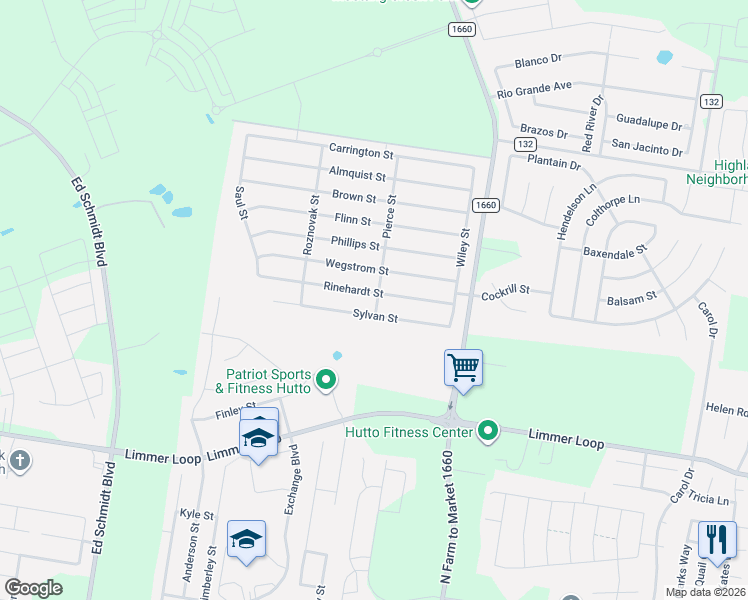 map of restaurants, bars, coffee shops, grocery stores, and more near 202 Sylvan Street in Hutto