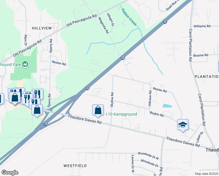 map of restaurants, bars, coffee shops, grocery stores, and more near 6570 Boykin Road in Theodore
