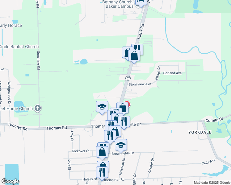 map of restaurants, bars, coffee shops, grocery stores, and more near 12691 Plank Road in Baker