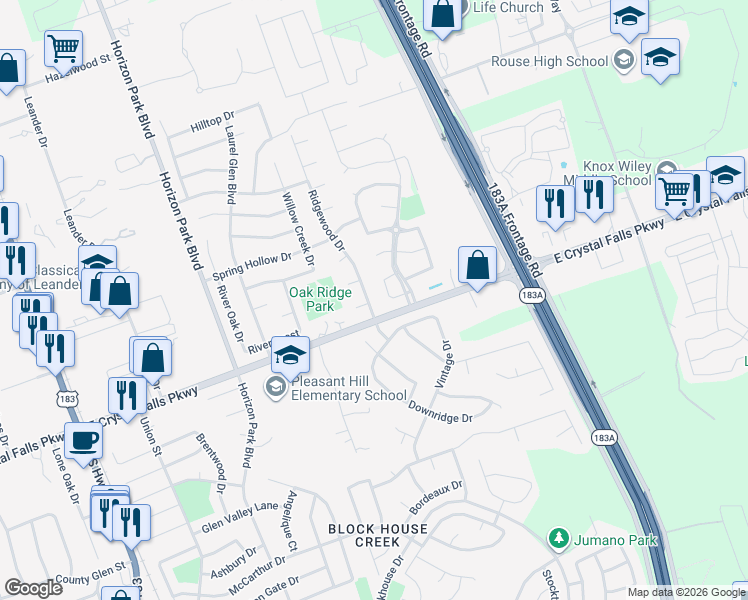 map of restaurants, bars, coffee shops, grocery stores, and more near 1600 Ridgewood Drive in Leander