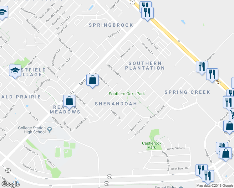 map of restaurants, bars, coffee shops, grocery stores, and more near 1216 Roanoke Court in College Station