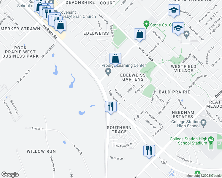 map of restaurants, bars, coffee shops, grocery stores, and more near 3755 Oldenburg Lane in College Station