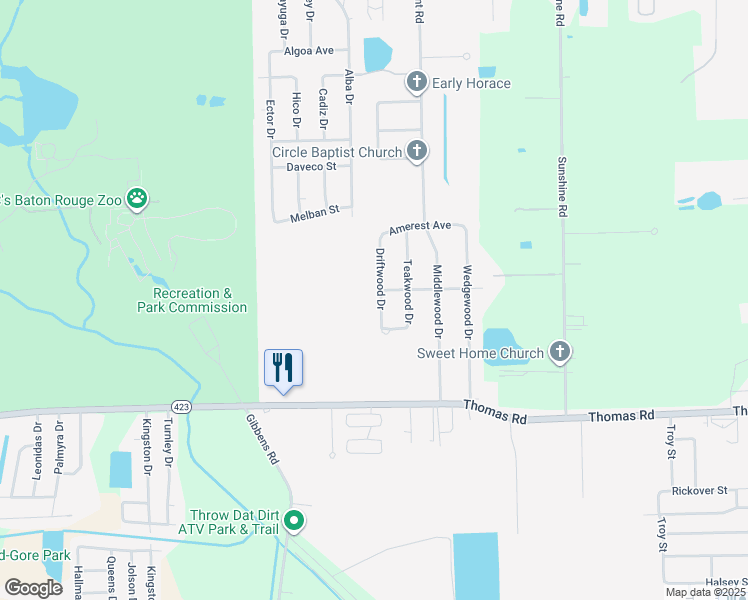 map of restaurants, bars, coffee shops, grocery stores, and more near 12721 Driftwood Drive in Baker
