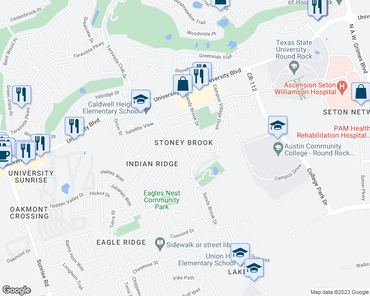 map of restaurants, bars, coffee shops, grocery stores, and more near 3920 Bonnie Lane in Round Rock
