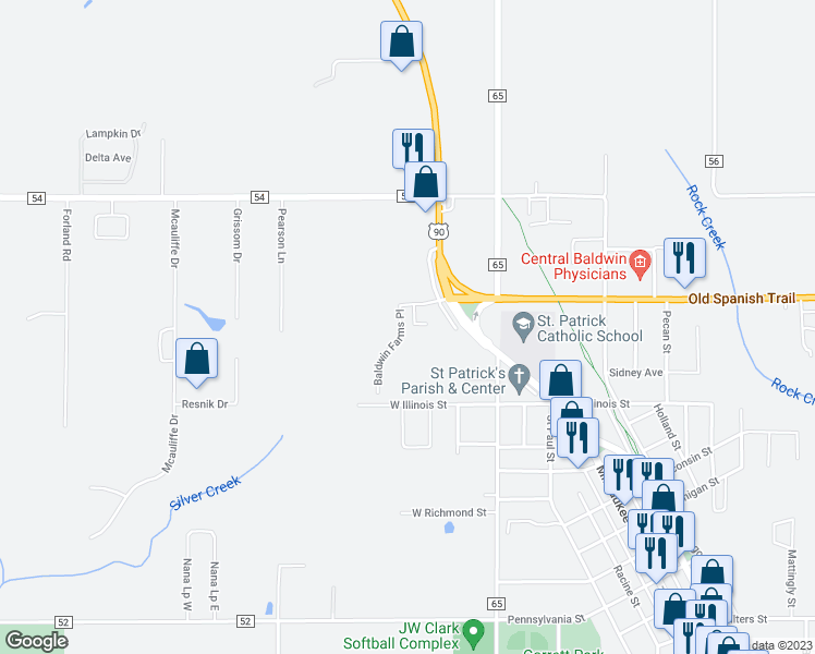 map of restaurants, bars, coffee shops, grocery stores, and more near 300 Baldwin Farms Place in Robertsdale