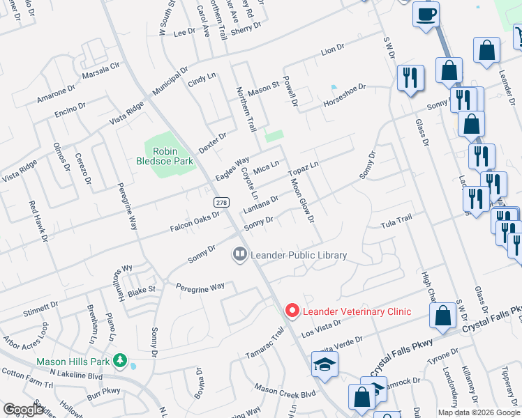 map of restaurants, bars, coffee shops, grocery stores, and more near 908 Lantana Lane in Leander