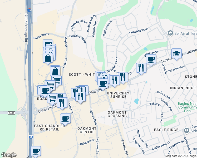 map of restaurants, bars, coffee shops, grocery stores, and more near 4020 Sunrise Road in Round Rock