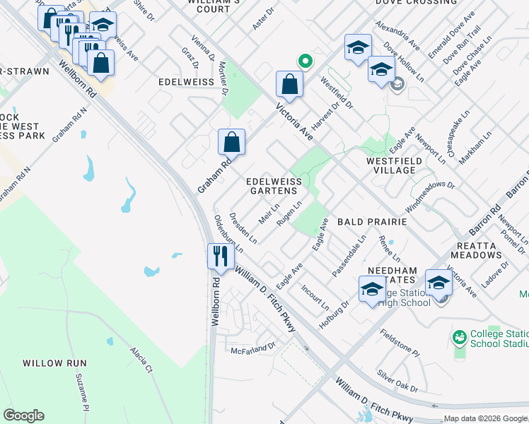 map of restaurants, bars, coffee shops, grocery stores, and more near 109 Meir Lane in College Station
