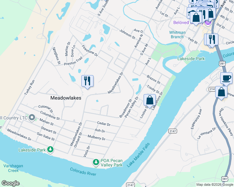 map of restaurants, bars, coffee shops, grocery stores, and more near 12 Fairway Lane in Meadowlakes