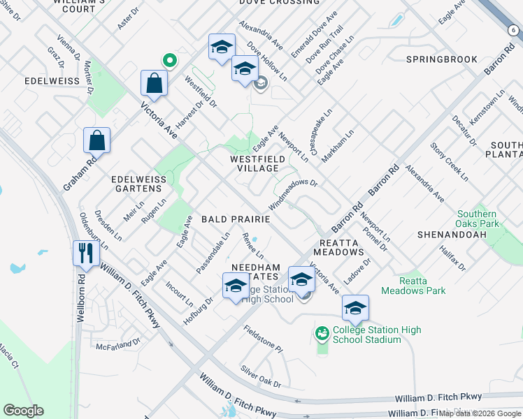 map of restaurants, bars, coffee shops, grocery stores, and more near 3900 Tranquil Path Drive in College Station