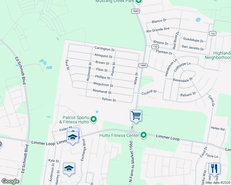 map of restaurants, bars, coffee shops, grocery stores, and more near 121 Rinehardt Street in Hutto