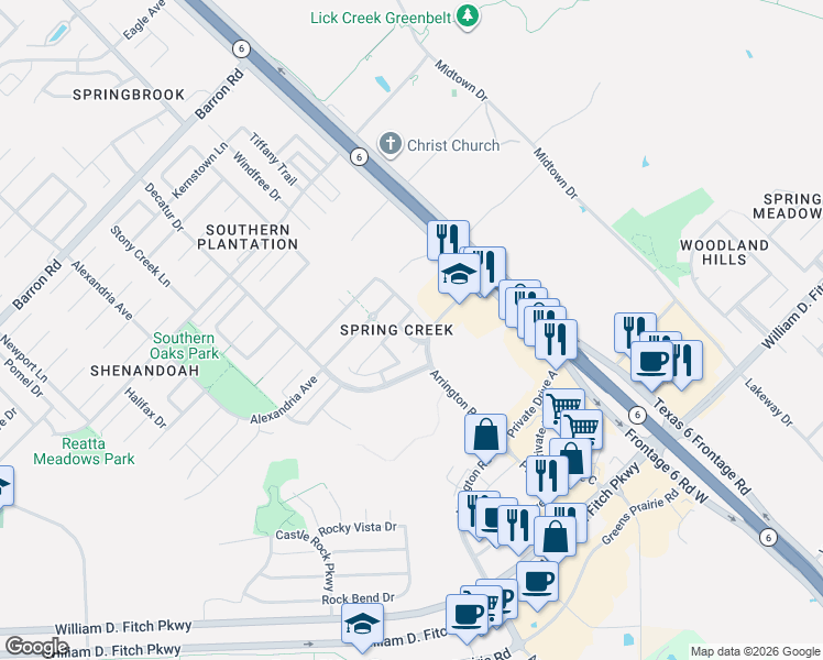 map of restaurants, bars, coffee shops, grocery stores, and more near 4315 Spring Hill Drive in College Station