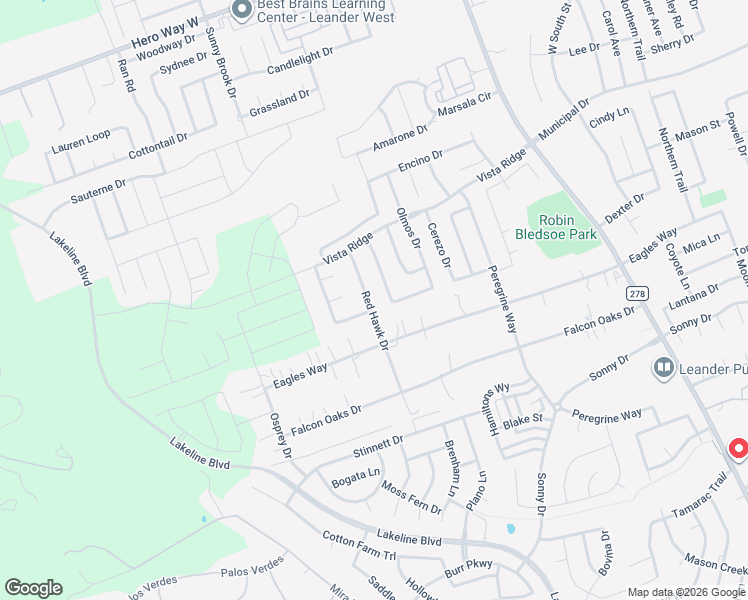 map of restaurants, bars, coffee shops, grocery stores, and more near 600 Red Hawk Drive in Leander