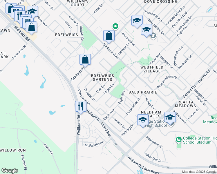 map of restaurants, bars, coffee shops, grocery stores, and more near 121 Rugen Lane in College Station